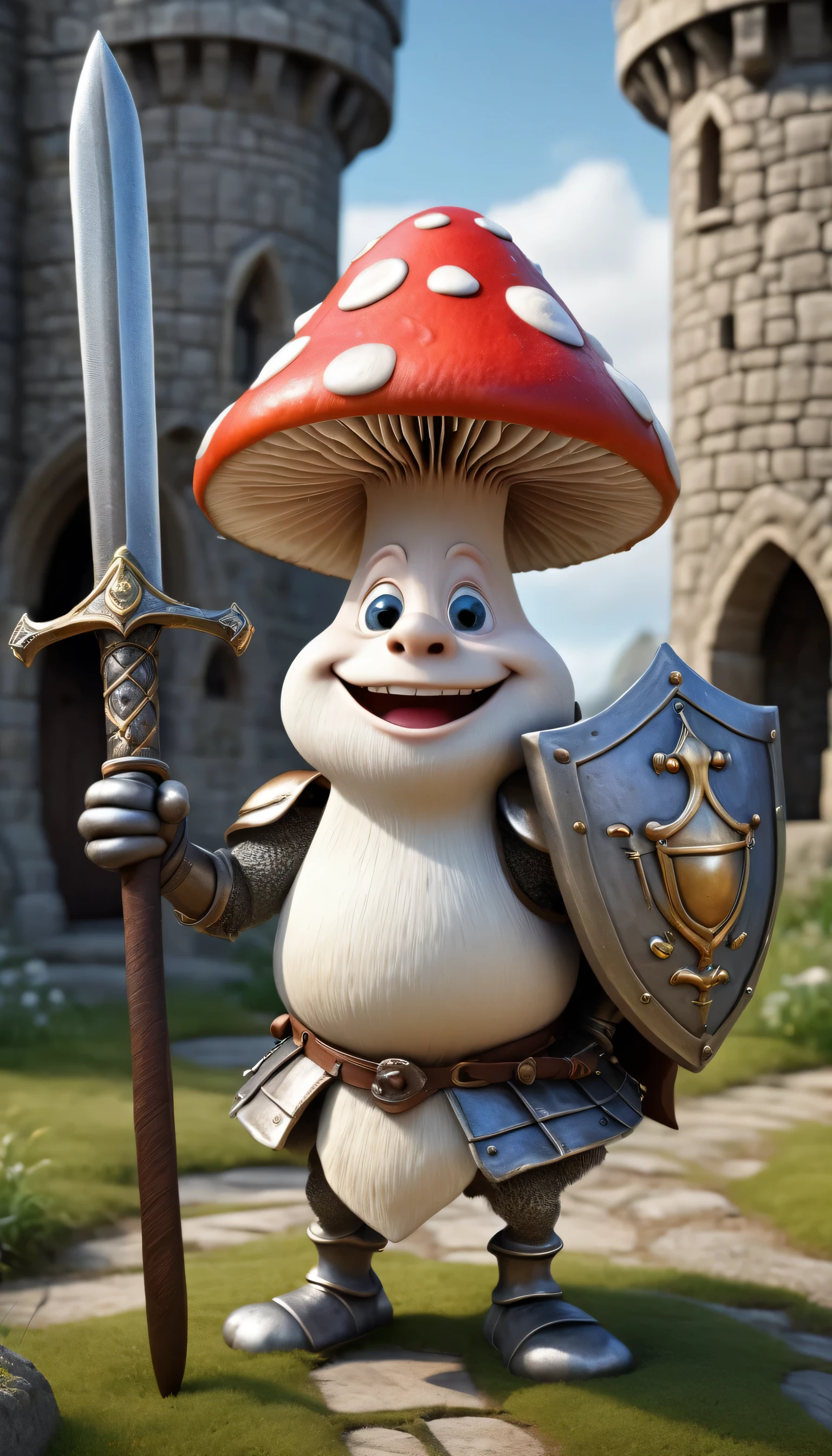 **tiny Beautiful anthropomorphic smiling Mushroom Creature as Medieval Warrior, full Body, intense face Expression, charming Pose, Sword and Shield, medieval Castle Scene, medieval Castle, funny surrealistic Caricature Character, 3D Photorealistic, by Aardman Animations and Pixar and Disney