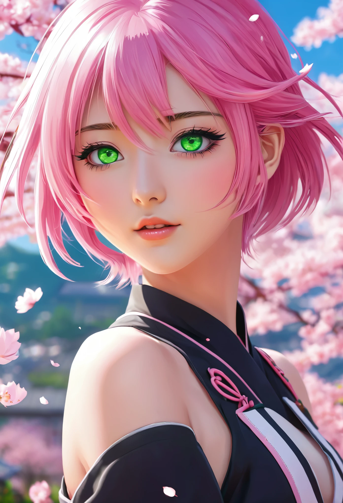 anime girl with pink hair and green eyes posing for a picture, haruno sakura, best anime 4k konachan wallpaper, seductive anime girl, marin kitagawa fanart, sakura petals around her, splash art anime , anime style 4 k, anime moe artstyle, high quality anime artstyle, detailed anime artwork, anime wallaper, anime best girl