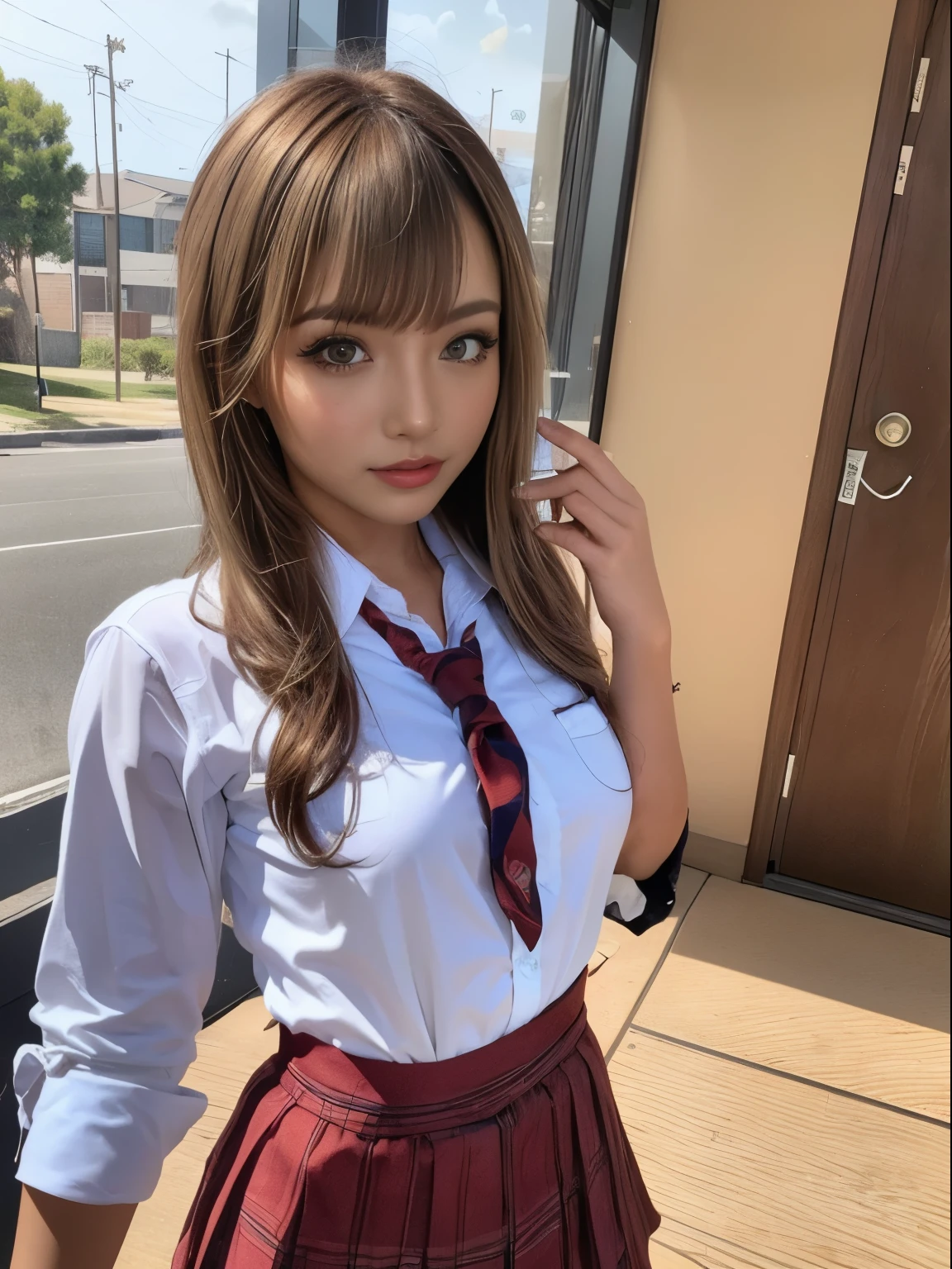 ((Panty shot)),((Under the skirt:1.2)),((From behind:1.2)),Browsing Caution,Gal, (Anatomically correct,),masterpiece, highest quality, Raw photo, Photorealistic, face,Beautiful girls, cute, Blunt bangs, Depth of written boundary, High resolution, 超detailedな, detailed, ighly detailedd, extremely detailedd eye and face, Sharp pupils, Realistic students, Sharp focus, Cinema Lighting, pale and tanned skin,alone,woman,(school uniform:1.2),Loose socks,  ((Sensual;1.5)), Glamour, Sunburn marks on tanned skin