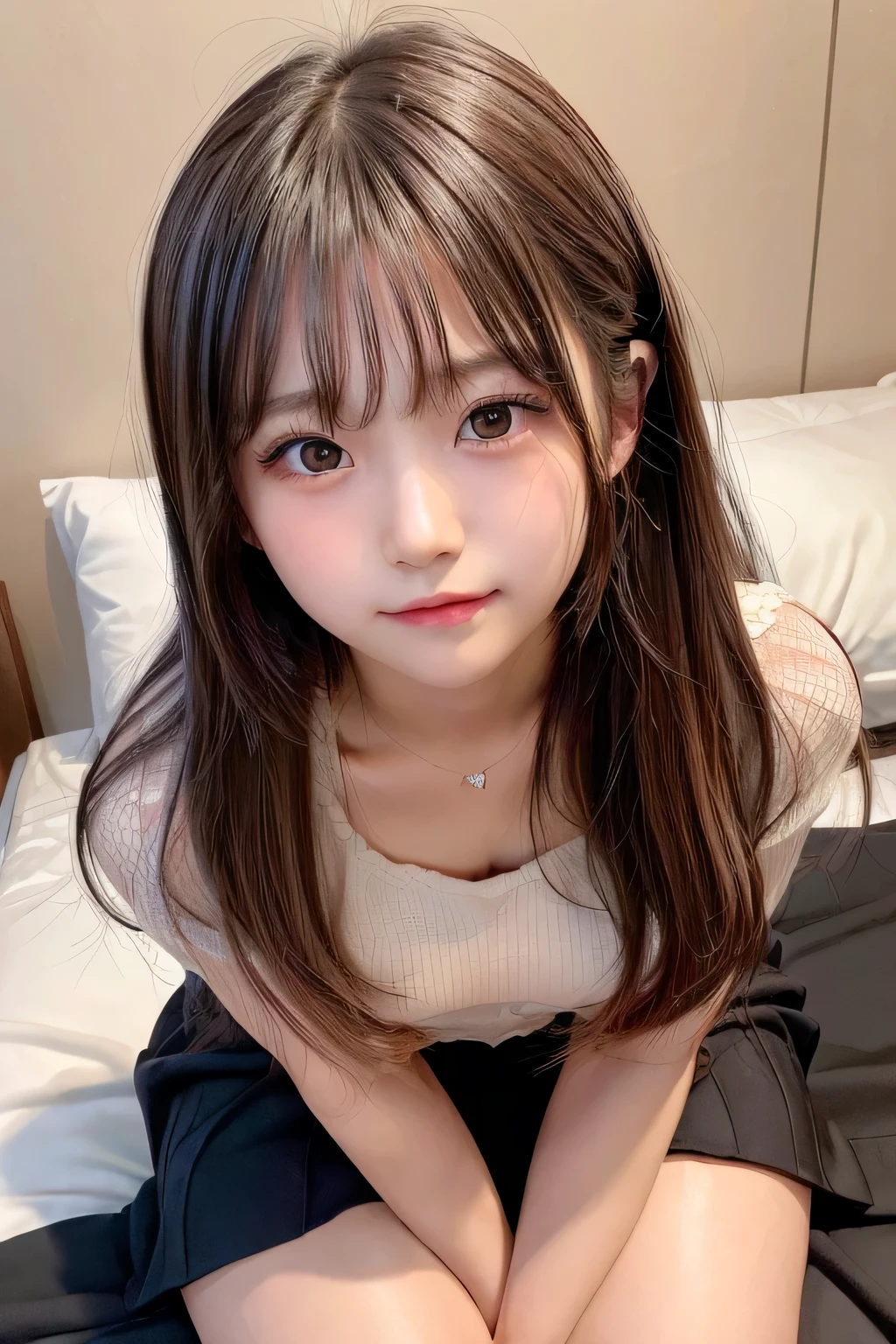 (masterpiece,highest quality,超A high resolution),Japanese women, (((Very cute  girl))), View the photographer, Front view, ((Long Hair)), Super cute face, Glossy lips, Double eyelids on both eyes, focus the eyes, Natural Makeup, bangs, Shiny and smooth light brown long hair, (((Crotch close-up))), big breasts, Perfect limbs, Perfect Anatomy, ((Very beautiful)), (((All Nude))), ((Smile)), bedroom at night, (Lie on the bed and open your crotch:1.3), ((A close-up shot of the crotch and face visible:1.3)), View your viewers, (Lift your legs:1.2), NSFW, Perfect and natural fingers,