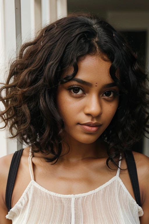 Beautiful and incredible black Indian girl.，upper body portrait，Free curls, cabelo curly preto, (short dark curly hair), Cabelo curly longo preto selvagem, multi-versatile hair, Indian, cabelo curto preto curly, curly black hair, curls, wavy hair spread out, curls barrocos, curly, curly, blonde curly hair, Hair texture, franja curly, full face