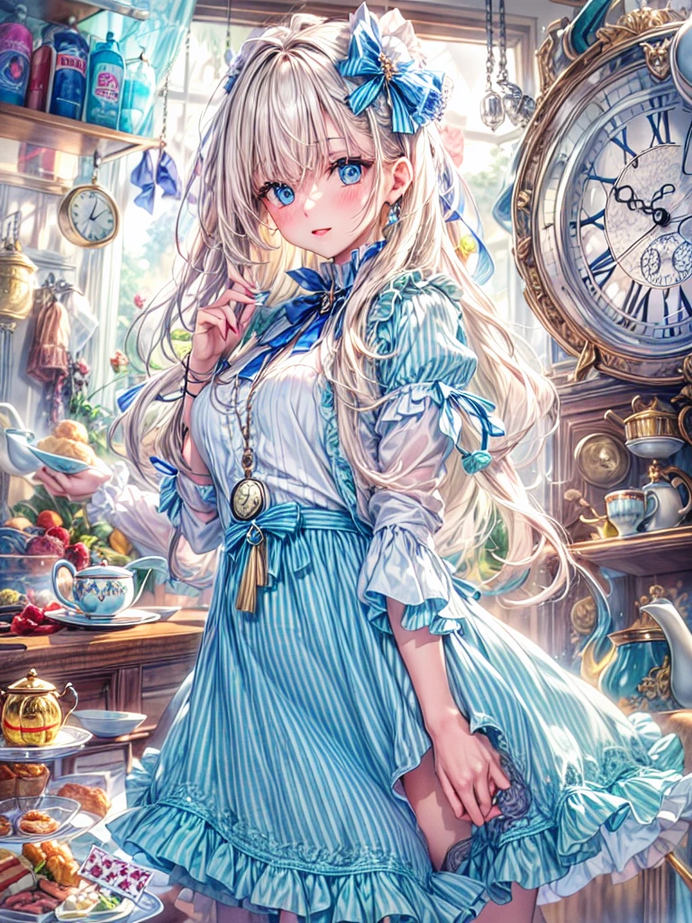 (masuter piece、top-quality、Mystical、Beautifully Aesthetic、Perfect human body balance、offcial art、Impresionismo、von gogh:1.2)、(1 girl in:1.3)、(Fractal Art:1.0)、shinny skin、patterns、(alice in the wonderland:1.2)、(PlayingCards、tea cup、pocket watch:1.3)、(Tie your hair with a ribbon、Blue Dress、a miniskirt、beauty legs、White Apron、white sock、platinum-blonde、Blue eyes)、Exotic wallpapers、highly colorful、Abstract background、Fantastical