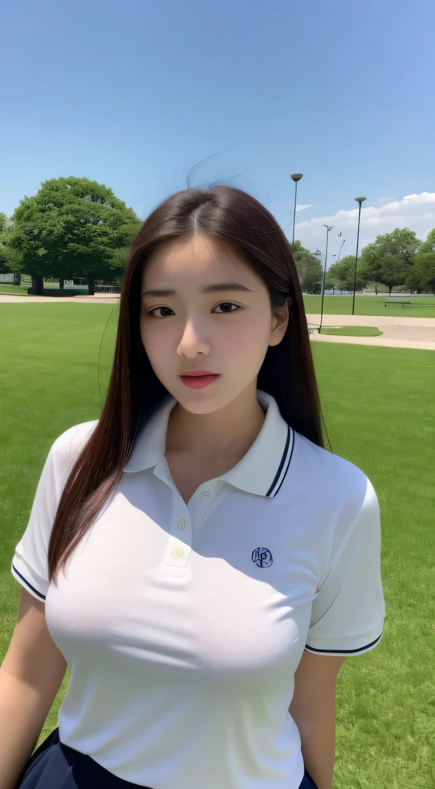 Ultra HD、large park、White polo shirt、high school girl、Big Breasts