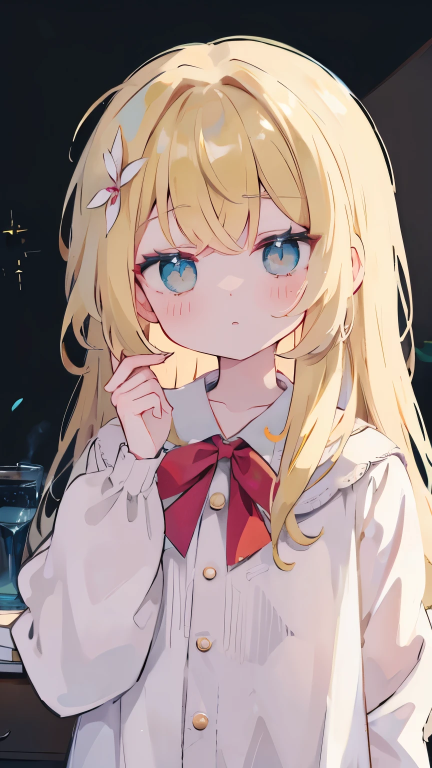 (pajamas1.5),Blonde、pajamas、A girl、friend、Keep a straight face,No Expression、masterpiece、Top image quality、Top quality、Medium Length Hair、sigh、Lifeless eyes、Dark background、