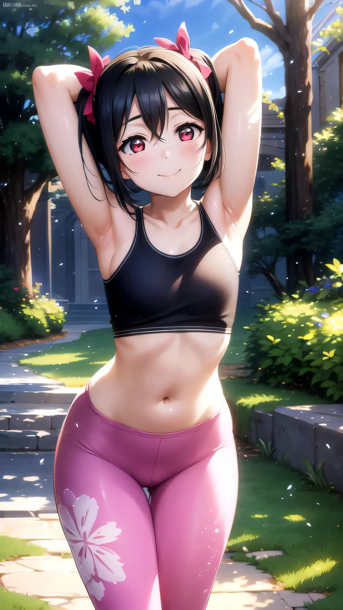 masterpiece, best quality, 1girl,yazawa nico,, black hair, short hair twintails, red eyes, small breast, small bow ribbon, ,clavicle, hair ribbon,  volumetric lighting, illustration, beautiful, tight , Blushing, breasts, looking at viewer, flowers printed tank top, yoga pants,solo, curvy body,floral print, looking to the side, confident, seductive smile, (arms behind back, head tilt:1.1), heart pendant,perfect lighting, perfect shadows, flower, (breathtaking scenery:1.1), tree, blushing full body shot