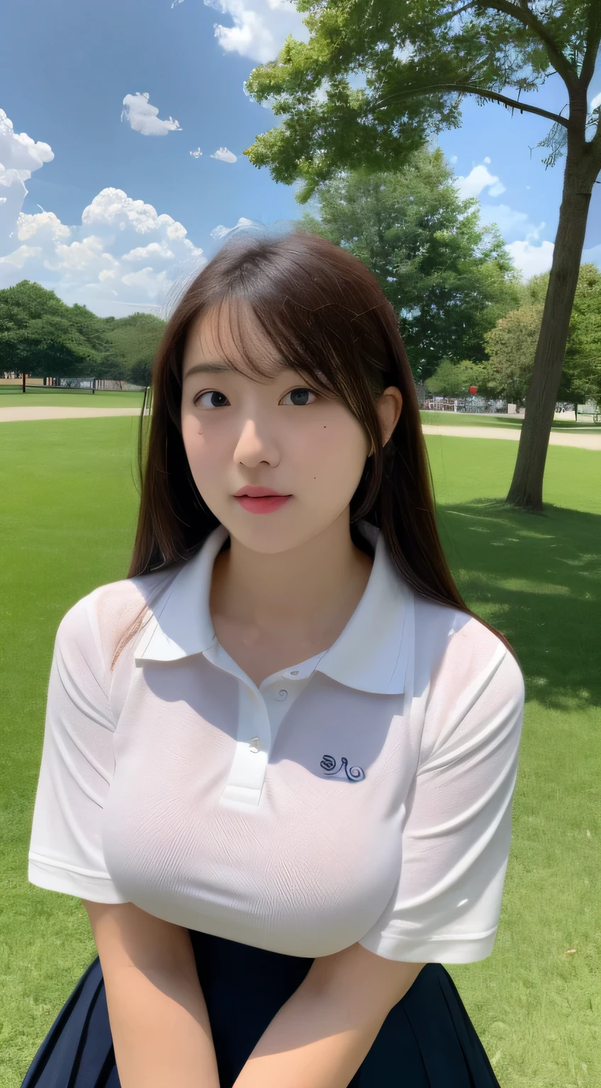 Ultra HD、large park、White polo shirt、high school girl、Big Breasts