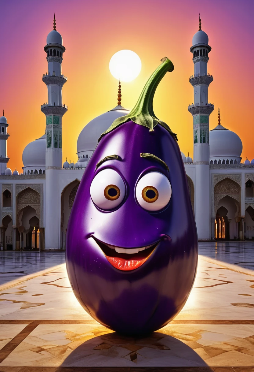 there is a purple eggplant with a face on it, super realistic food picture, super realistic Vector style of luxurious mosque, sunset, dramatic shadow style, hyperrealistic picture, funny artwork, photobashing, eggplant, funny art, super realistic photo, photo manipulation, a hyperrealistic painting, ultra realistic picture, creative photo manipulation, a photorealistic painting, funny illustration, highly realistic photo, hyperrealistic 3 d digital art
