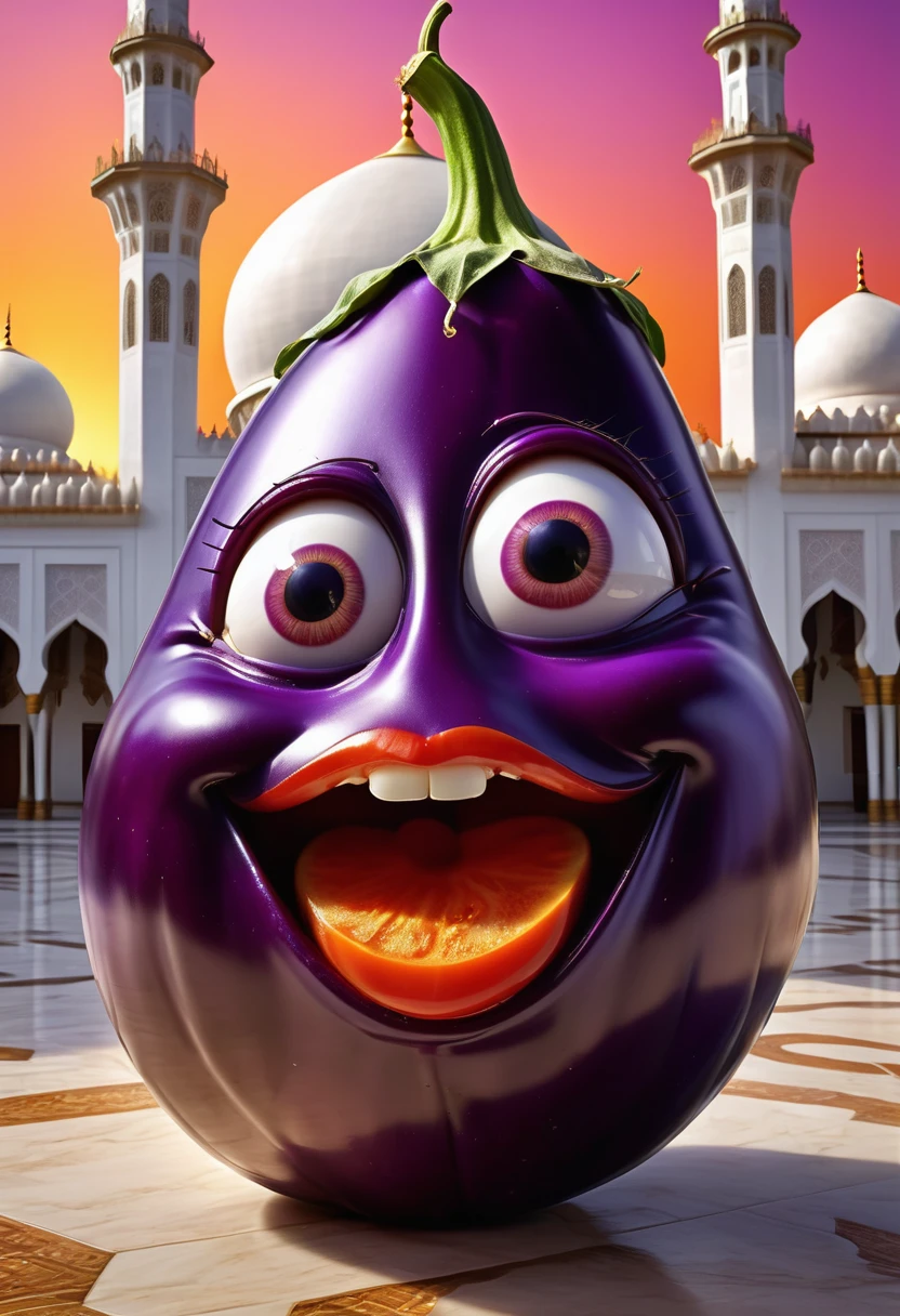 there is a purple eggplant with a face on it, super realistic food picture, super realistic Vector style of luxurious mosque, sunset, dramatic shadow style, hyperrealistic picture, funny artwork, photobashing, eggplant, funny art, super realistic photo, photo manipulation, a hyperrealistic painting, ultra realistic picture, creative photo manipulation, a photorealistic painting, funny illustration, highly realistic photo, hyperrealistic 3 d digital art