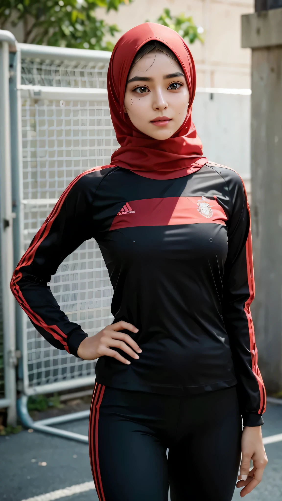 8k CG masterpiece, best quality, photographic realism, meticulously detailed skin, hyper-realistic depiction, High detail RAW color art, diffused soft lighting, shallow depth of field, pin-sharp focus, strikingly hyperrealistic rendition, cinematic lighting, authentic hijab representation, a girl in beautifully applied makeup, smoky eyeshadow accentuating her big, expressive eyes, long, luscious eyelashes framing her beautiful, ebony orbs, radiantly dressed in a long sleeve soccer jersey and matching leggings, perspiration beading on her forehead, her cheeks flushy and sweaty, determined expression etched
