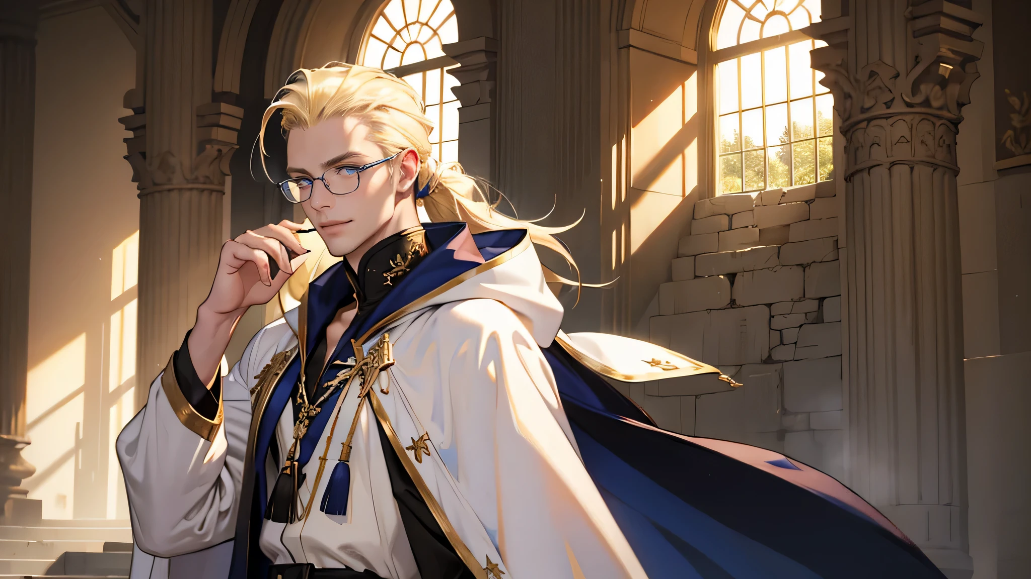 (((((male))))), masterpiece, ultra detailed, 8K Portrait, Raw photo, man's portrait photography, Highly detailed face, beautiful and meticulous eyes, ((Fantasy)), 35 years old (((man))), (((Male body))), elf, 190 cm, tall, Glasses, ((Blonde)) Ponytail (((slick back hair))), Kind face, Smile, (((deep blue long cloak))) Fluttering in the wind, (((white long robe))), leather gaiters, Midday Sun, Hyper realistic, Strong body, Long legs, in a castle, Ambient lighting, Shadow details , Camera focus on face, strong breeze, Light fog
