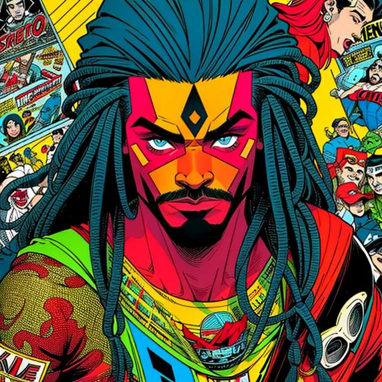(((mais alta qualidade))),obra de arte, 1 homem negro, Dreadlocks, chaotic makeup, expression of madness, Chaotic, maluco, louco, rosto perfeito detalhado,recortes, diferenes estilos, HQ, comics,quadrinho, retro,vintage,classic,60's,70's,80's,old Movie posters,abstrato,((CoringagemーMovie poster)),(futurista),geometric pattern,Muito delicado,Movie poster_moldura colorida,propaganda,Ciberpunk,enorme fluxo de luz,overlapping,SF,A scene from a science fiction movie,tatuagem,Estilo de quadrinhos americano,dedos perfeitos,
