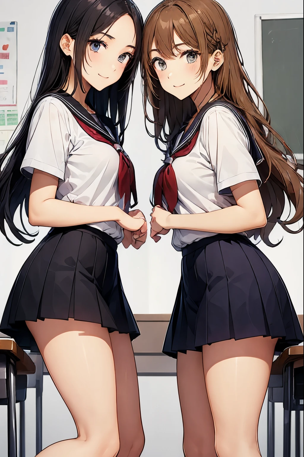 Two high school girls kissing in the classroom、seductive smile、Drawing from head to toe