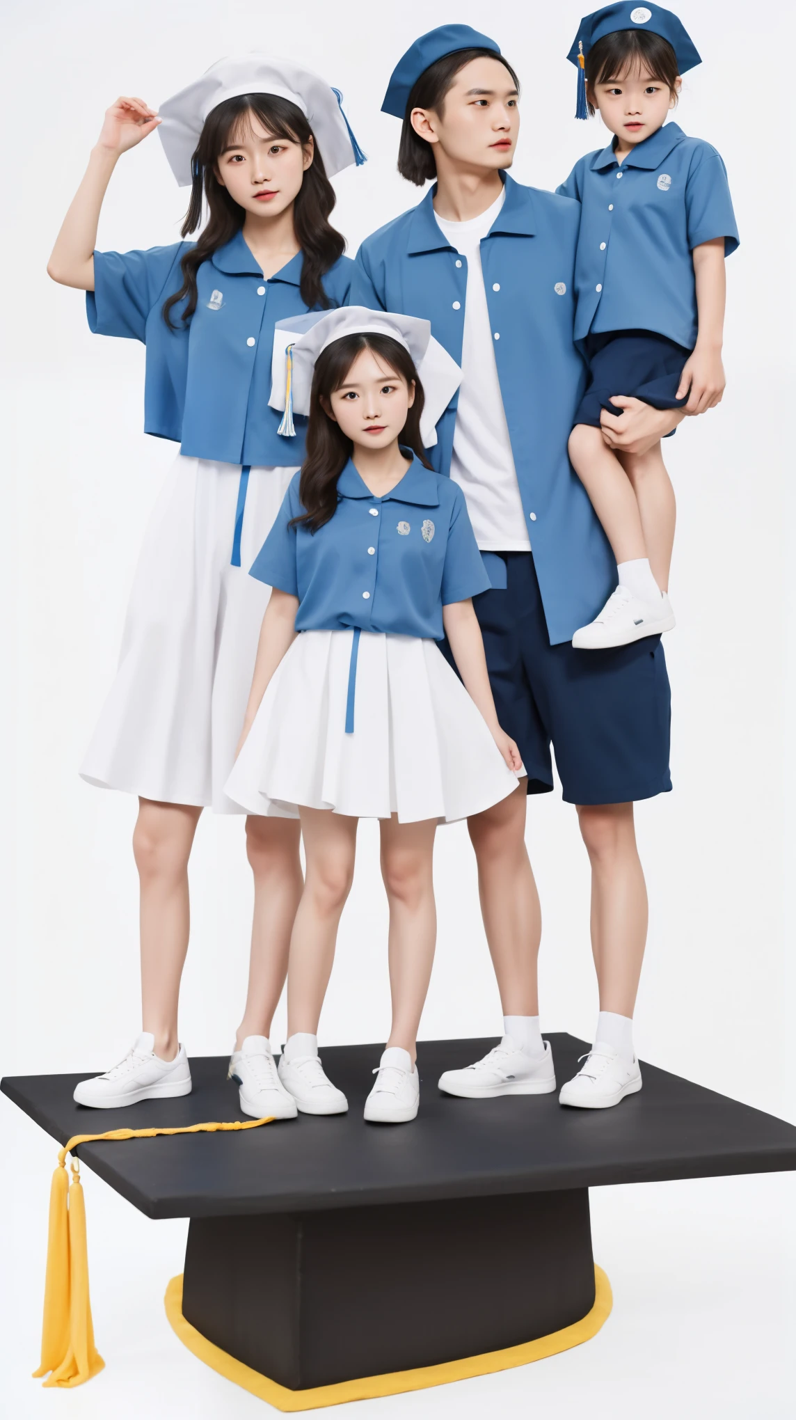 Best quality,highest resolution,The finest details,8K resolution,Studio Photography,真实photo,Realistic,A couple standing on top of graduation caps,photo,a man and a woman,Man holding his son,Family of 4,blue衣服, Casual Modern Clothing, Perfect Android Girl, Casual clothing style, happy, modern casual clothing, Wear casual clothing, Realistic服装, blue, unified background, uniform plain sky, Fashion Clothing, intertwined full body view, Medium Polyester, blue, picture,Transparent Background