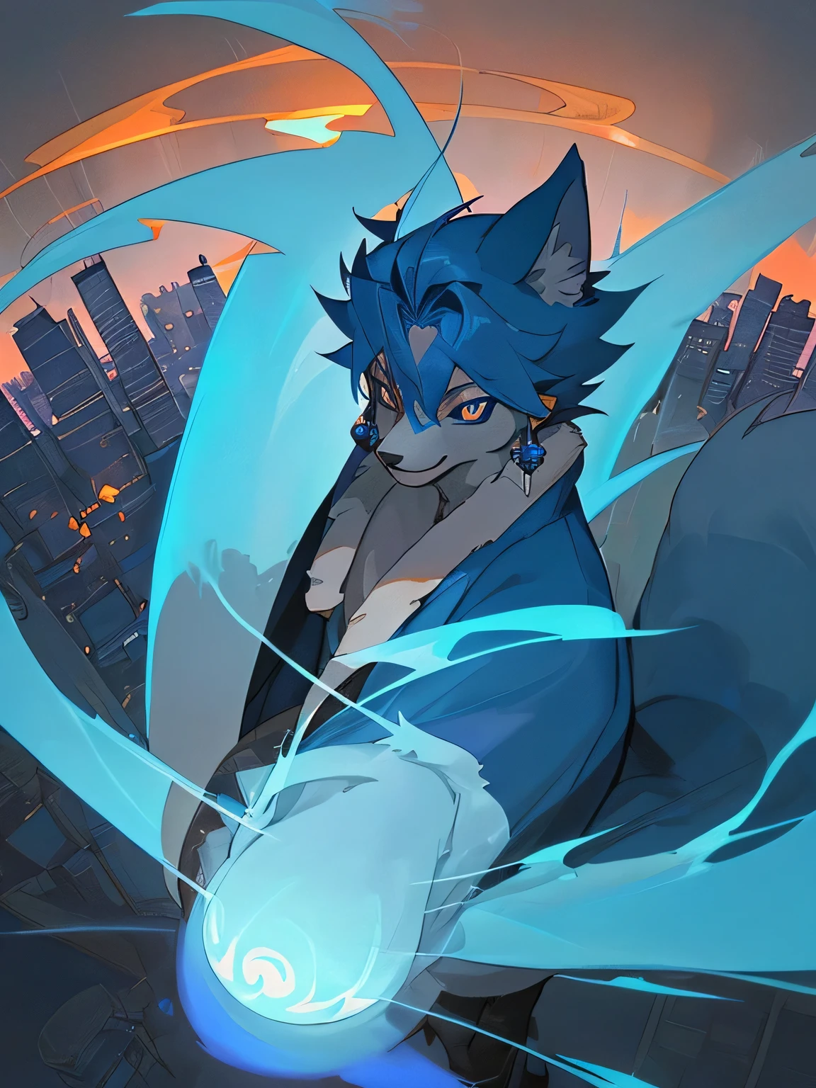 Blue fur boy,canid,Short kimono,Large earrings,Blue shining eyes,Fearless smile,Cool scene,View from diagonally above,Cute design,Blue Flame,fireball,Furry,youth,Furry,Indigo Hair,Background of the cityscape of Edo