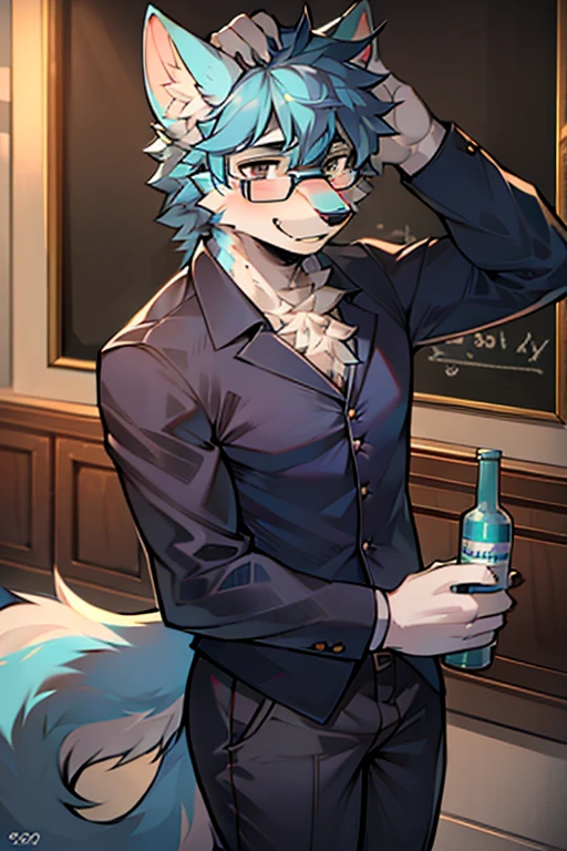 Light blue hair，Glasses resting on the head，Hairy Male，hairy body，exhibit，prairie wolf，Canines，sexy ears，Wear a teacher's uniform，Black eyes，Holding a bottle of medicine in hand，Handsome，young，Big Tail