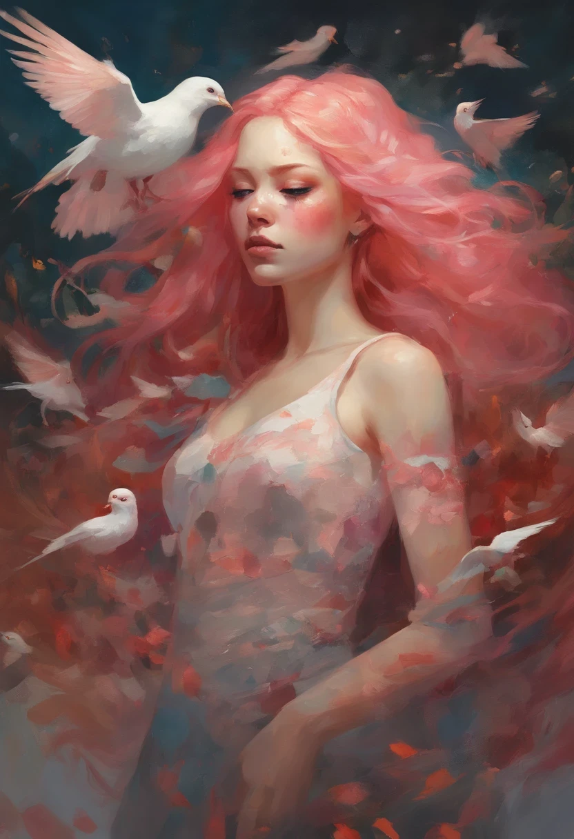 A queen with long pink hair and a bunch of white birds, loish and wlop, artgerm and james jean, red haired goddess, by loish, inspired by Ross Tran, james jean and wlop, cloud goddess, by Ross Tran, artwork in the style of guweiz, loish and ross tran, style of peter mohrbacher