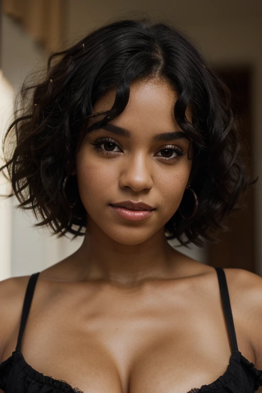 Beautiful and young black latin girl.，upper body portrait, Big bust, (short dark curly hair), curly black hair, curls, full face.