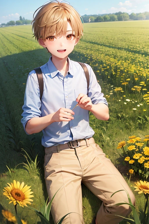 (zh-CN) Farmland, Morning Dew, Sunlit wheat field, Leisurely blooming dandelion, (1 boy), A big smile in the bright sun, wearing light cotton clothes, Blue Shirt, Gentle and natural.