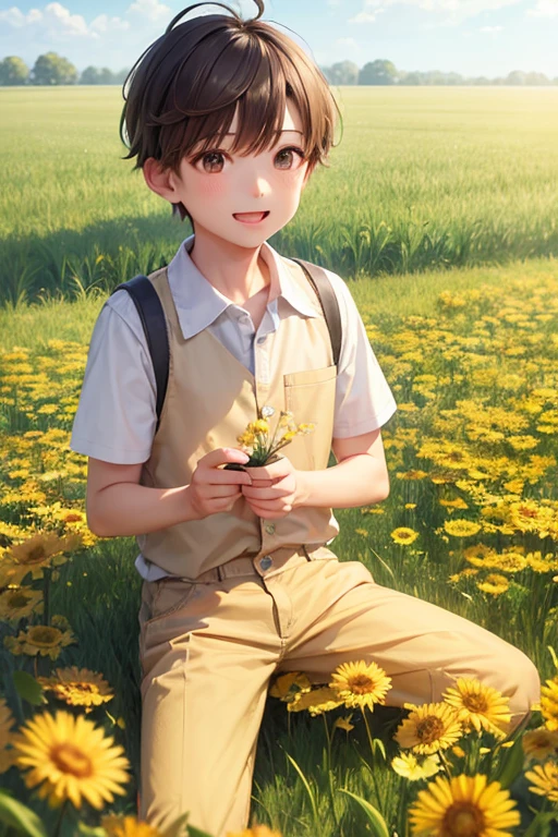 (zh-CN) Farmland, Morning Dew, Sunlit wheat field, Leisurely blooming dandelion, (1 boy), A big smile in the bright sun, wearing light cotton clothes, Blue Shirt, Gentle and natural.