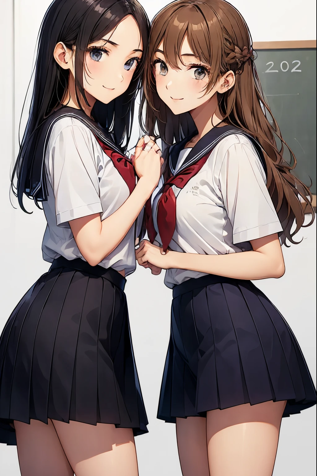 Two high school girls kissing in the classroom、seductive smile、Drawing from head to toe