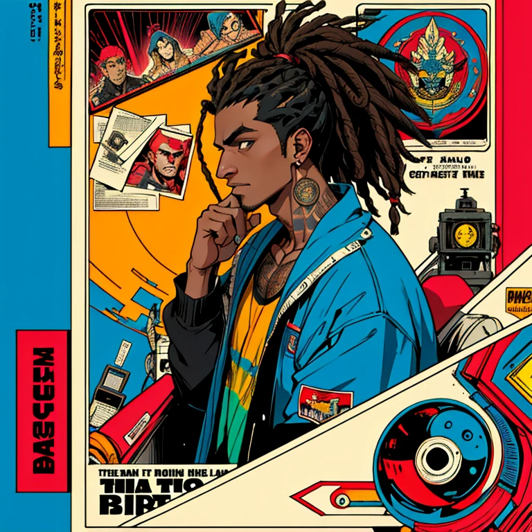 (((mais alta qualidade))),obra de arte,1 homem negro, Dreadlocks, chaotic makeup, Expression of happiness, gargalhada, loucura, Chaotic, maluco, louco, rosto perfeito detalhado,recortes, diferenes estilos, HQ, comics,quadrinho, retro,vintage,classic,60's,70's,80's,old Movie posters,abstrato,((CoringagemーMovie poster)),(futurista),geometric pattern,Muito delicado,Movie poster_moldura colorida,propaganda,Ciberpunk,enorme fluxo de luz,overlapping,SF,A scene from a science fiction movie,tatuagem,Estilo de quadrinhos americano,dedos perfeitos,