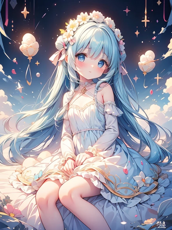 masterpiece, best quality, extremely detailed, (illustration, official art:1.1), 1 girl ,(((( light blue long hair)))), light blue hair, ,, long hair ((blush)) , cute face, big eyes, masterpiece, best quality,(((((a very delicate and beautiful girl))))),Amazing,beautiful detailed eyes,blunt bangs((((little delicate girl)))),tareme(true beautiful:1.2), sense of depth,,, affectionate smile, (true beautiful:1.2),,(tiny 1girl model:1.2),)(flat chest)),, face,absurdres, highres, ultra detailedBREAK(one girl:1.5), A fairytale and wonderland world,Colorful and lively atmosphere,confeti,Sweets, toys, and stuffed animals are floating and scattered in the air.,A pile of extra large cream puffs,A mountain shaped like a cream puff,fluffy hair,Odango Hair,Keeping hair together,rainbow-colored hair,A voluminous princess-like dress,Iridescent dresses,A is climbing on a pile of cream puffs,