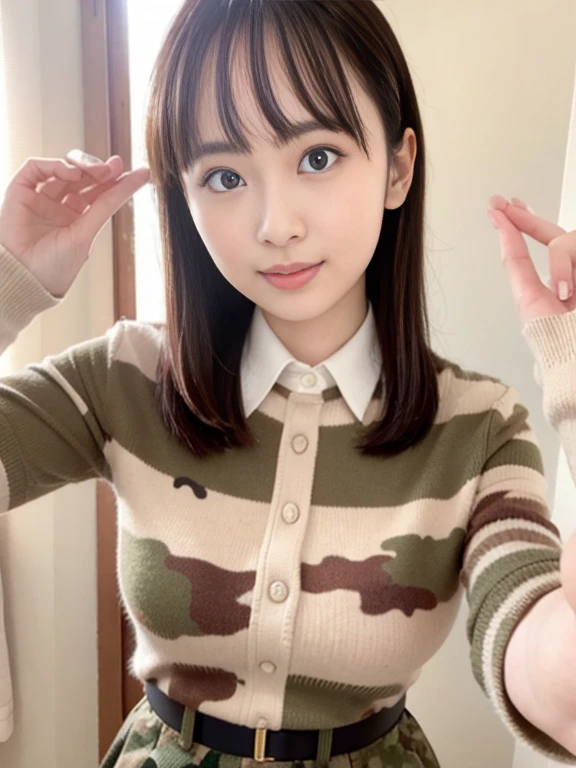 Raise your hand to the camera、Camouflage uniform、Wearing a medal、Japanese women,（whole body）、mini skirt、26 years old、 Very beautiful face,  Beautiful girls, Beautiful realistic face,  