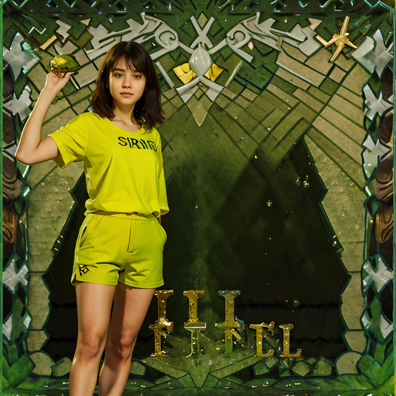 A girl in green bob shorts and yellow-green clothes with brown shorts