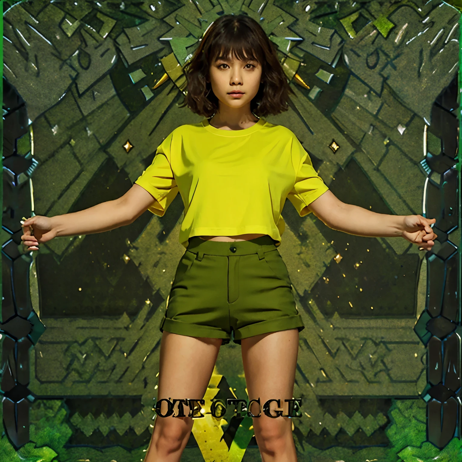A girl in green bob shorts and yellow-green clothes with brown shorts