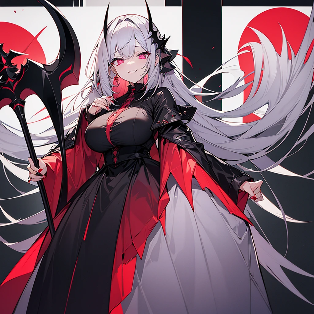 4K、Super detailed、Silver Hair、Slanted Eyes、Pink Eyes、fair skin、black gothic dress、Queen、Has a big scythe、grim Reaper、big breasts、Standing under the red moon、red nails、Ruthless smile、Full Body、high quality、High resolution