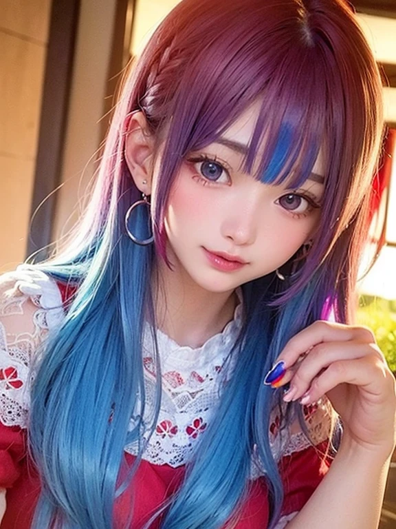 Small face、 )Very detailed,Bright colors, Very beautiful detailed anime faces and eyes, Look straight ahead,  Shiny_skin,girl, (((Rainbow Hair, Colorful Hair, Half blue、half red hair: 1.2))), 、Shiny hair, Delicate beautiful face, blush、Glasses、(Turquoise Eyes), , Valletta, Earrings,、（Flower Garden、Sunset）、((Light red、translucent、Short sleeve、Lace blouse))、（Twin tails）、（smile、Happy Face、face dyed red）、Cheerful pose、dynamic、Upper Body