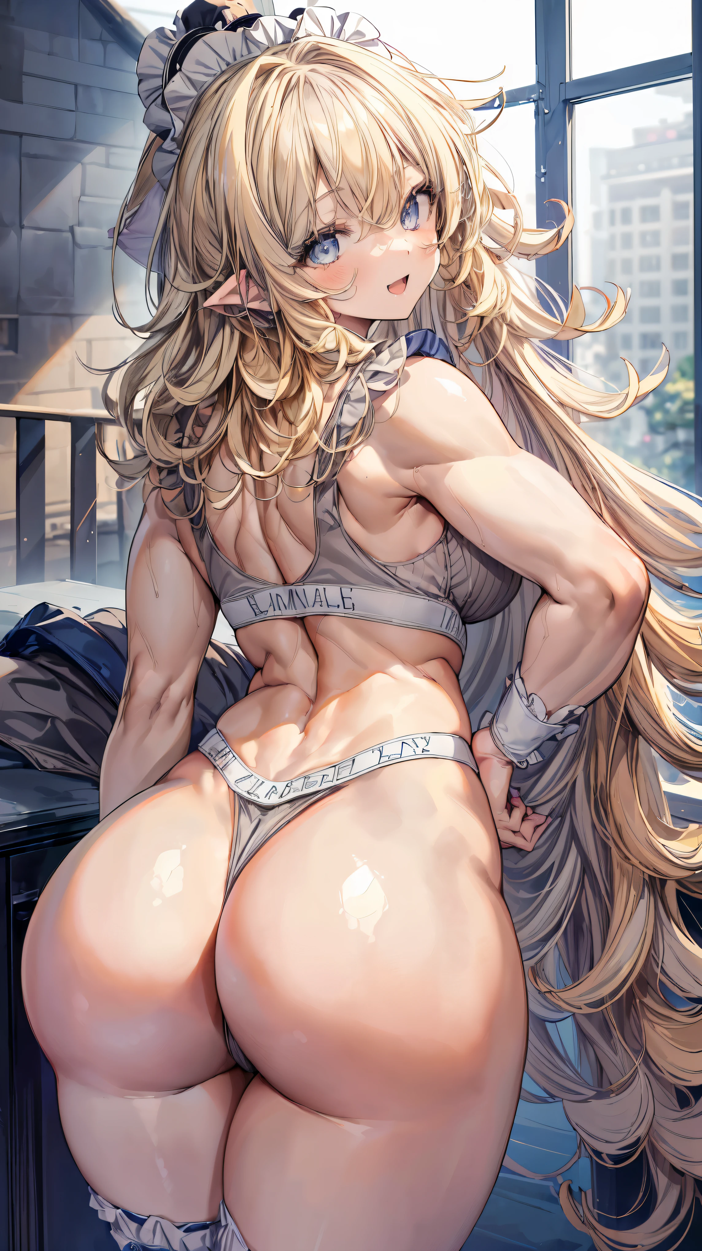 Super detailed、highest quality、Best image quality、masterpiece、8K、Anime Face、A kind smile、Open Mouth、Sparkling Blue Eyes、(Long blonde curly hair:1.4)、Wearing a maid headband、(SFW huge body)、(((Rear view)))、Cowboy Shot、(She is wearing a grey thong.:1.5)、Muscles of the whole body、Hands on hips、Stick your ass out