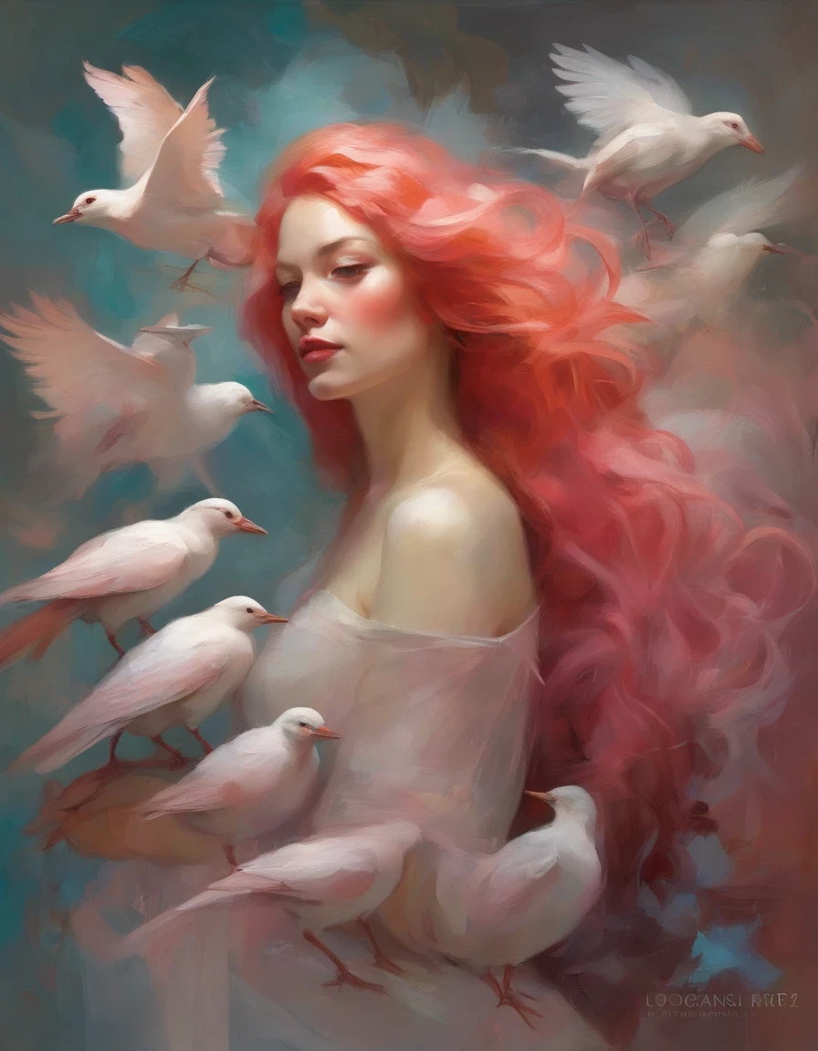 A queen with long pink hair and a bunch of white birds, loish and wlop, artgerm and james jean, red haired goddess, by loish, inspired by Ross Tran, james jean and wlop, cloud goddess, by Ross Tran, artwork in the style of guweiz, loish and ross tran, style of peter mohrbacher