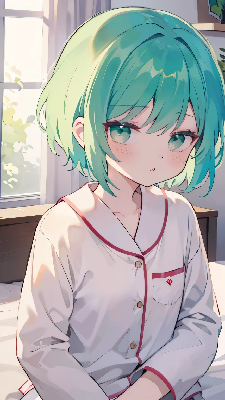 （pajamas1.5），Green Hair、pajamas、short hair、A girl、friend、Keep a straight face，No Expression、masterpiece、Top image quality、Top quality、sigh、Lifeless eyes、bedroom、On the bed