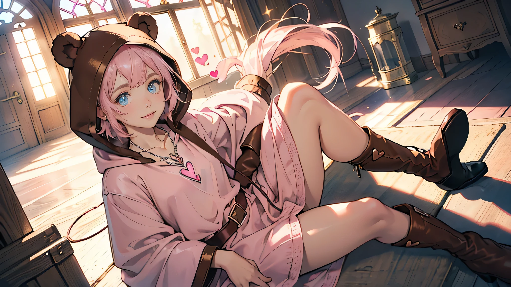 masterpiece, ultra detailed, 8K Portrait, Raw photo, a portrait photo of, Highly detailed face, beautiful and meticulous eyes, ((Fantasy)), 7 , litle girl, Light brown short hair, Kind face, Cute smile, adventurer, (((Little bear  ear attached Hooded))) (((Pink-brown silk long-caped))) Fluttering in the wind, ((Leather boots)), (((pink Heart necklace))), one side blue earring, ((one side blue jewel bracelet)), Hold a Maple Syrup Bottle, Midday Sun, Hyper realistic, in a castle, Ambient lighting, Shadow details , strong breeze, Light fog