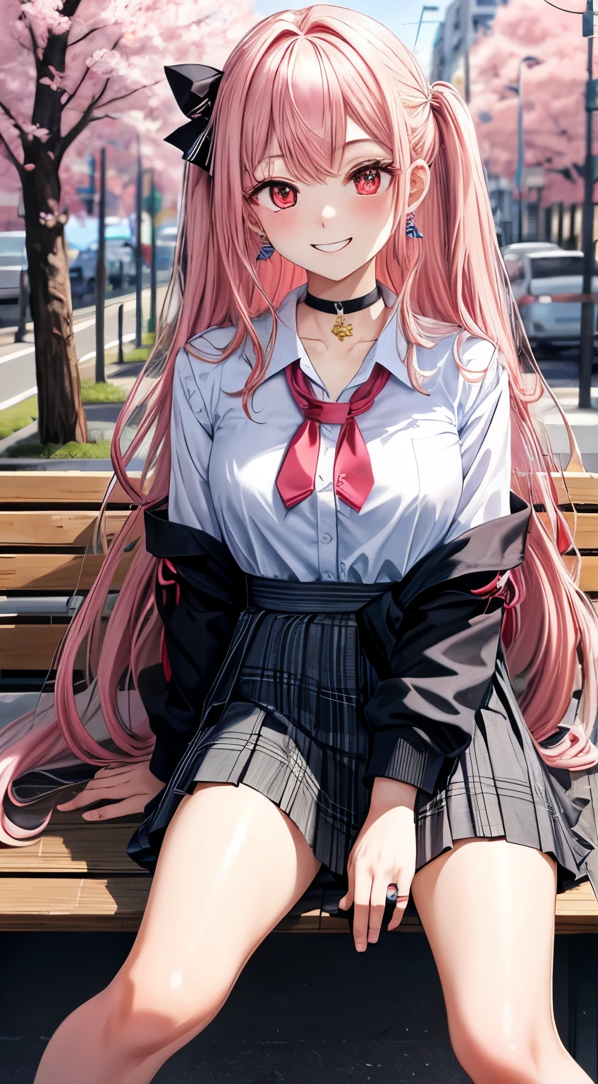 masterpiece, highest quality, One girl, Long Hair, boredom, Sitting, Lift your legs, sole, Forest Van, black choker, black tie, Blonde, blue skirt, blush, bracelet, chest, choker, clothes around the waist, clavicle, collared shirt, Cowboy Shot, dress shirt, ear Earrings, Eyebrows visible through hair, Gradient Hair, Grin, Improve, jewelry, Kogal, Long Hair, View your viewers, loose tie, tie, Earrings, Plaid, Plaid skirt, pleated skirt, Red eyes, ring, , shirt, skirt, smile, alone, white shirt, street, null, cherry blossoms, petal, Pink Hair，（bikini）