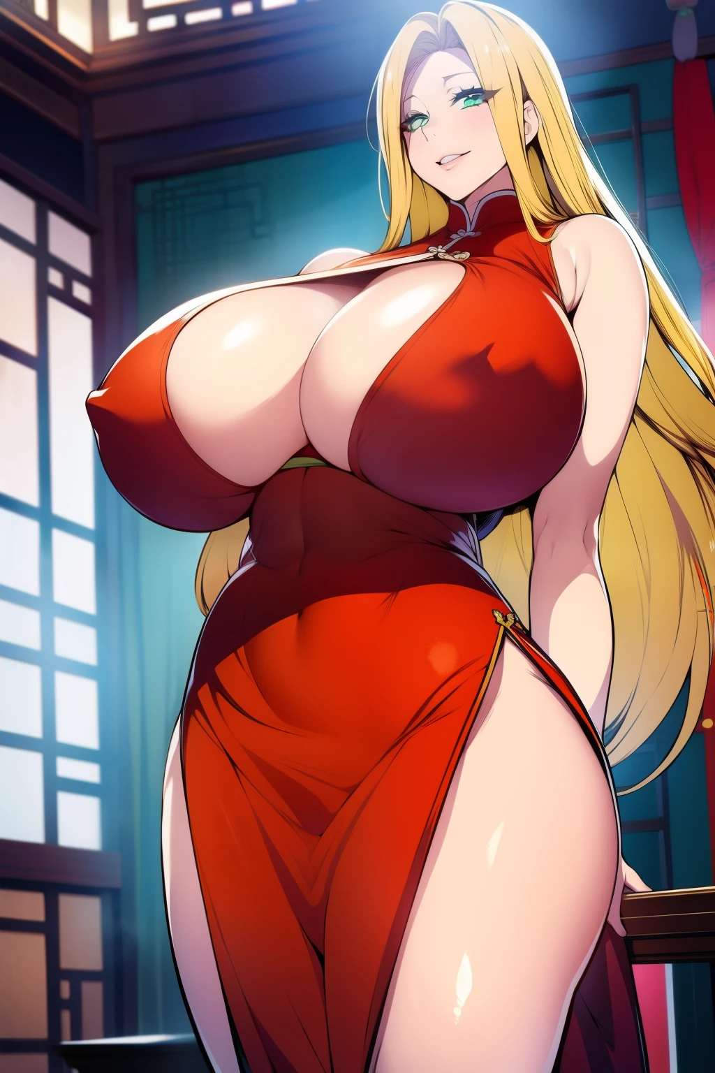 An anime-style artwork depicting Kousaka Shizuru from the game Honkai star rail.
Tags: Kousaka Shizuru, anime, detailed eyes, detailed lips, ass, bare shoulders, (blonde hair:1.4), (chinese dress:1.4), cleavage, pencil skirt, miniskirt,curvy, thighs, higheels, shiny clothes, skin tight, cleavage, long hair, solo, huge breasts, (green eyes:1.1),, smiling expression, intense gaze, dynamic pose, indoor, palace, vibrant colors, digital art, high-resolution, professional quality, gigantic breasts, (underboob : 1.4), curvy, cowboy shot, (gigantic breasts: 1.4),