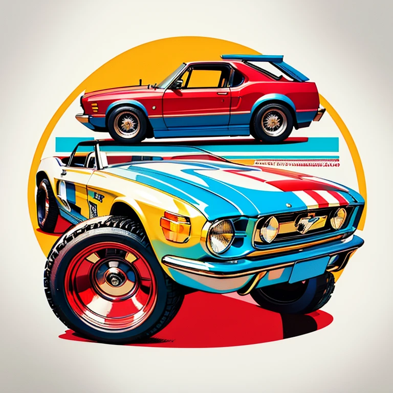 Artwork for t-shirt graphic design.,a retro graphic design.,FordMustang,detalle muy detallado,imagen vectorial,Obra maestra fotorrealista,professional photo shoot,coches realistas,Fondo simple amanecer del coche,fondo blanco,Albergue,For t-shirts designed with Adobe illustrators