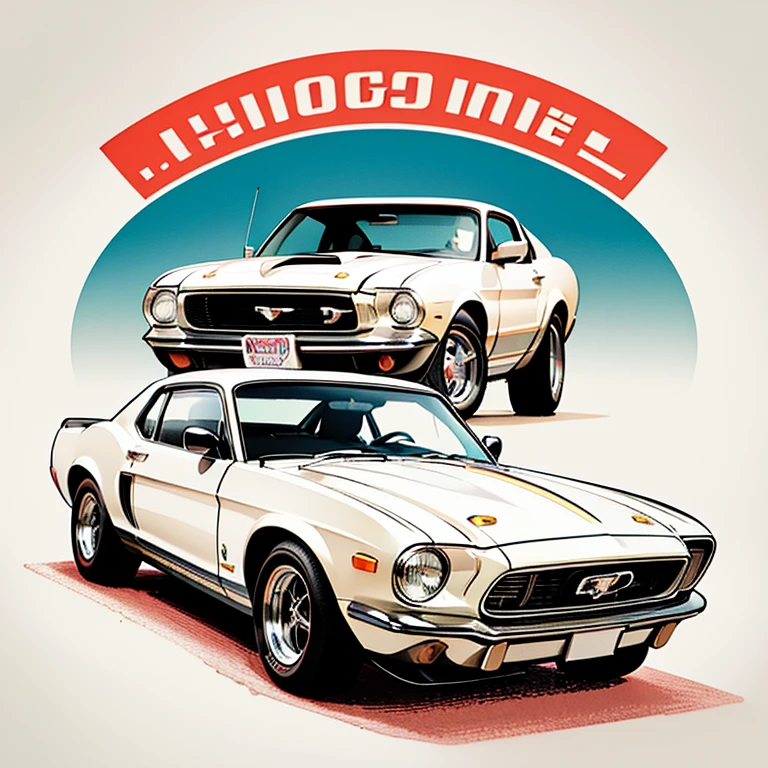 Artwork for t-shirt graphic design.，a retro graphic design.，FordMustang，detalle muy detallado，imagen vectorial，Obra maestra fotorrealista，professional photo shoot，coches realistas，Fondo simple amanecer del coche，fondo blanco，Albergue，For t-shirts designed with Adobe illustrators