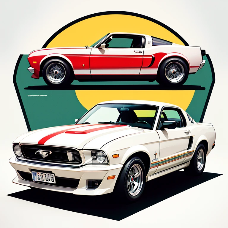 Artwork for t-shirt graphic design.,a retro graphic design.,FordMustang,detalle muy detallado,imagen vectorial,Obra maestra fotorrealista,professional photo shoot,coches realistas,Fondo simple amanecer del coche,fondo blanco,Albergue,For t-shirts designed with Adobe illustrators