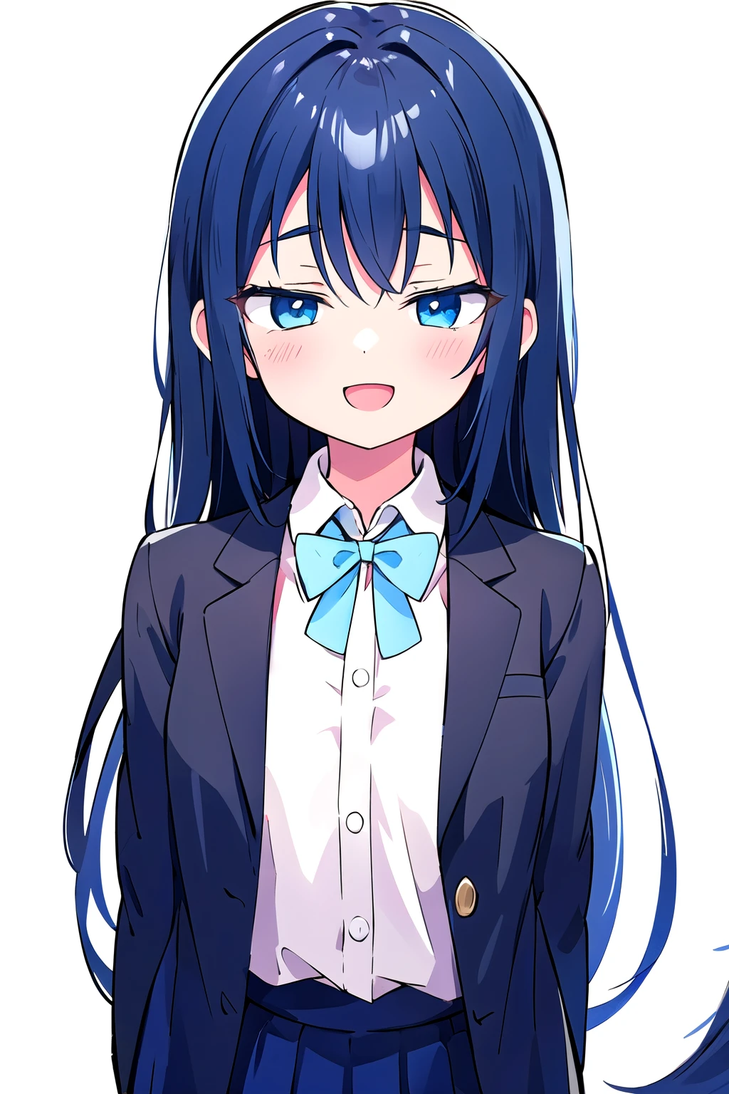 Very detailed, Absurd, Ultra-high resolution, Very detailed, 最high quality,White background、Solid white background、Blank background、Upper body shot from the front,arms behind back、Hide your hands、beautiful detailed eyes、Blue Eyes、Black hair × Blue eyes、blue eyes、redhead inside、(high quality, Breathtaking),(Delicate eyes, Perfect Face)Solo,Era: Late 20s, Open your mouth without showing your teeth、Smile with mouth wide open、Open your mouth wide、shoulder-length medium hair, black long sleeve blazer clothes,Black pleated skirt、