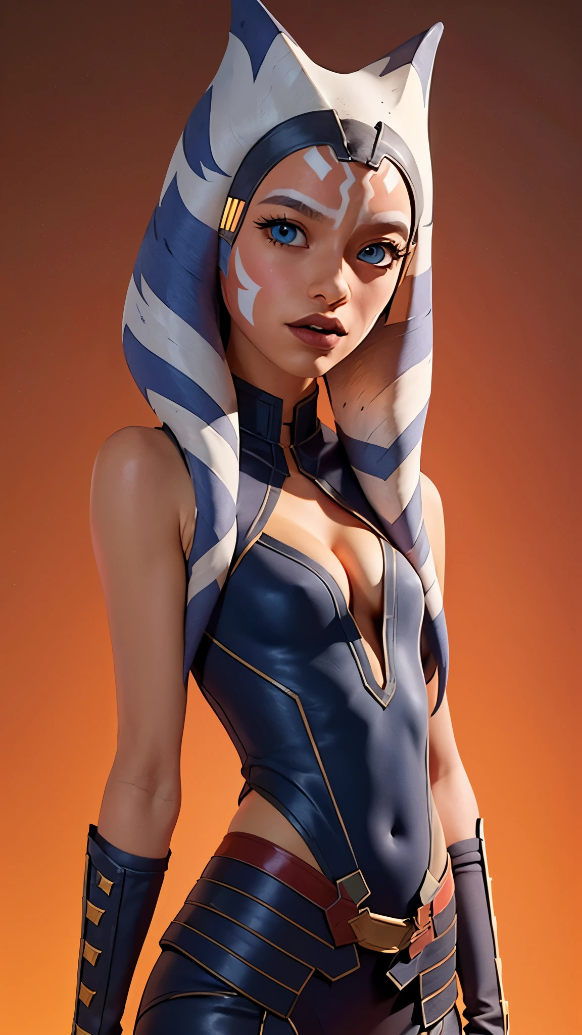 one girl, ahsoka tano, bust, (slender body:1.2), solo, upper body, blue eyes, orange skin, (transparent clothes, small breasts, tiny breasts, male chest, cleavage:1.3), bare shoulders, masterpiece, highly detailed, look at viewer, shiny blured orange background, gradient sprayed background, front view, gradient red purple background, blured background, glowing edges of image