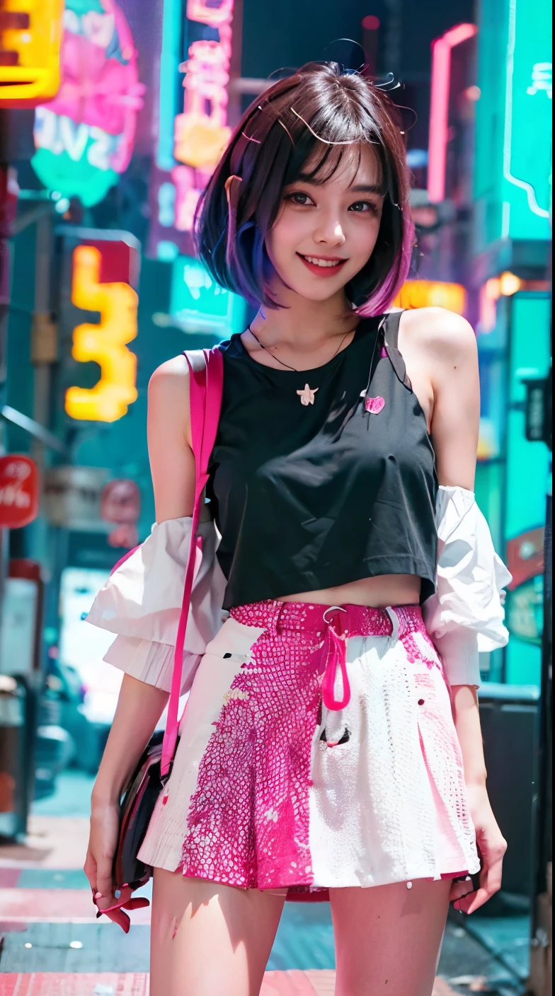 A colorful Bob cut haired punk canadian girl, smooth white skin, innocent look, , wearing red glasses, Ultra high res, uhd, (photorealistic:1.4), cyberpunk outfit, ripped shirt, wink, smiling ear to ear, neon lighting, v-neck blouse, wearing skirt, cute pink backpack, colorful loose socks, full body shot, head to toe, fish eye lens, vogue pose, modelling,