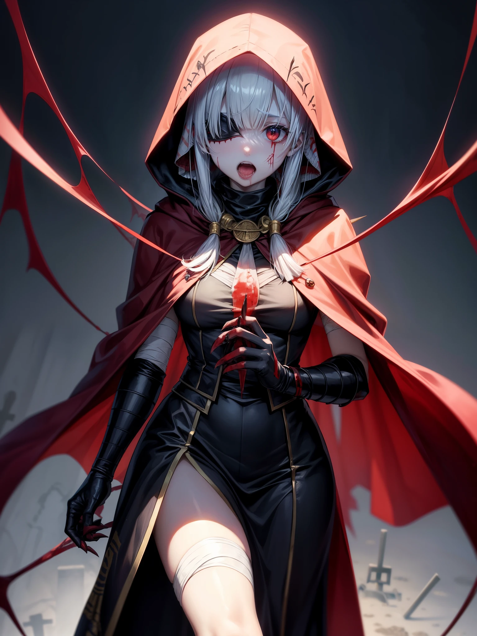 score_9、score_8_up、score_7_up、Mummy Girl、(spike)、((bandage))、Bloodまみれ、滴るBlood、((Blood))、Expressive、(Hooded)、(corruption)、meat、(Egyptian)、Long nails、Undead、white blindfold、((Grave、Spider web))、Scream、Golden Tongue、(Split jaws)、fear、(Hall々A cloak)