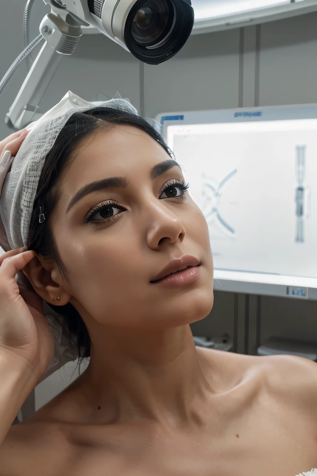 A patient undergoing rhinoplasty surgery in a modern surgical theater, with a focus on the precision and expertise of the surgical team. The scene captures the delicate nature of the procedure, with close-up shots showcasing the surgeon's hands and instruments at work. Soft, diffused lighting enhances the clinical atmosphere, while wide shots provide context of the surgical environment. Camera setup includes a Canon EOS R5 with a macro lens for detailed close-ups, ensuring every aspect of the rhinoplasty process is captured with clarity and accuracy.