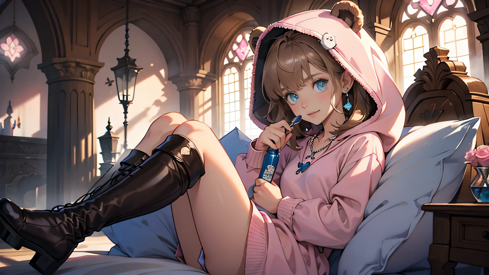 masterpiece, ultra detailed, 8K Portrait, Raw photo, a portrait photo of, Highly detailed face, beautiful and meticulous eyes, ((Fantasy)), 7 year old, litle girl, Light brown short hair, Kind face, Cute smile, adventurer, (((Little bear  ear attached Hooded))) (((Pink-brown silk long-caped))) Fluttering in the wind, ((Leather boots)), (((pink Heart necklace))), one side blue earring, ((one side blue jewel bracelet)), Hold a Maple Syrup Bottle, Midday Sun, Hyper realistic, in a castle, Ambient lighting, Shadow details , strong breeze, Light fog