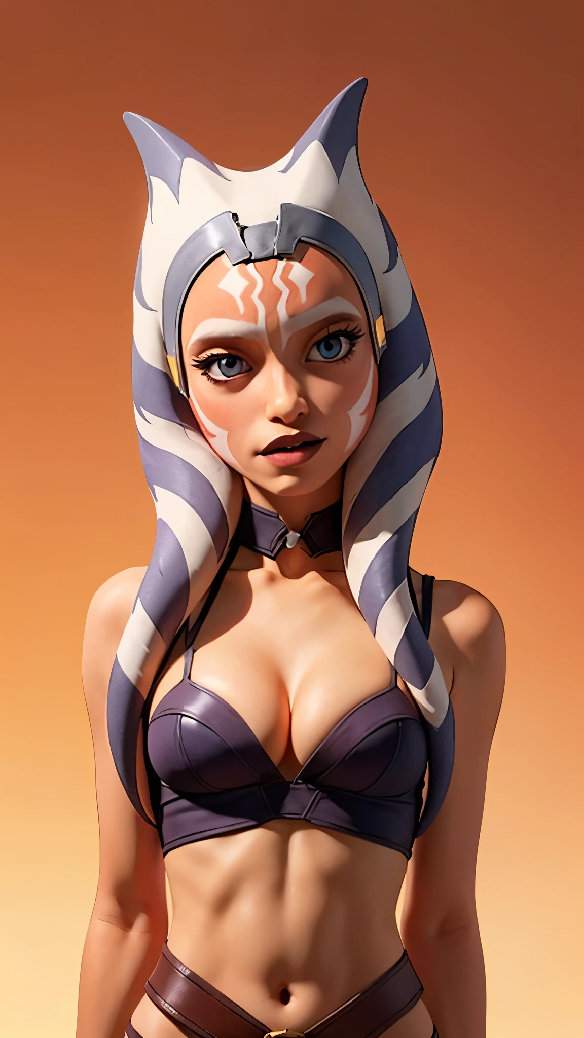 one girl, ahsoka tano, bust, (slender body:1.2), solo, upper body, blue eyes, orange skin, (small breasts, tiny breasts, male chest, cleavage:1.3), bare shoulders, masterpiece, highly detailed, look at viewer, shiny blured orange background, gradient sprayed background, front view, gradient red purple background, blured background, glowing edges of image