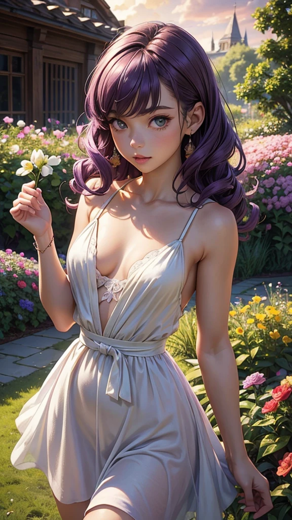 (masterpiece), (best quality), (detailed), light layer, 1solo girl, young girl, perfect body, purple hair in curls, defined large chest, small waist,defined collarbone, ultra realistic, photorealistic, detailed, ,Enhance, wearing a light green sundress, garden background, dusk skies, holding flowers