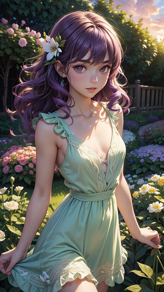 (masterpiece), (best quality), (detailed), light layer, 1solo girl, young girl, perfect body, purple hair in curls, defined large chest, small waist,defined collarbone, ultra realistic, photorealistic, detailed, ,Enhance, wearing a light green sundress, garden background, dusk skies, holding flowers