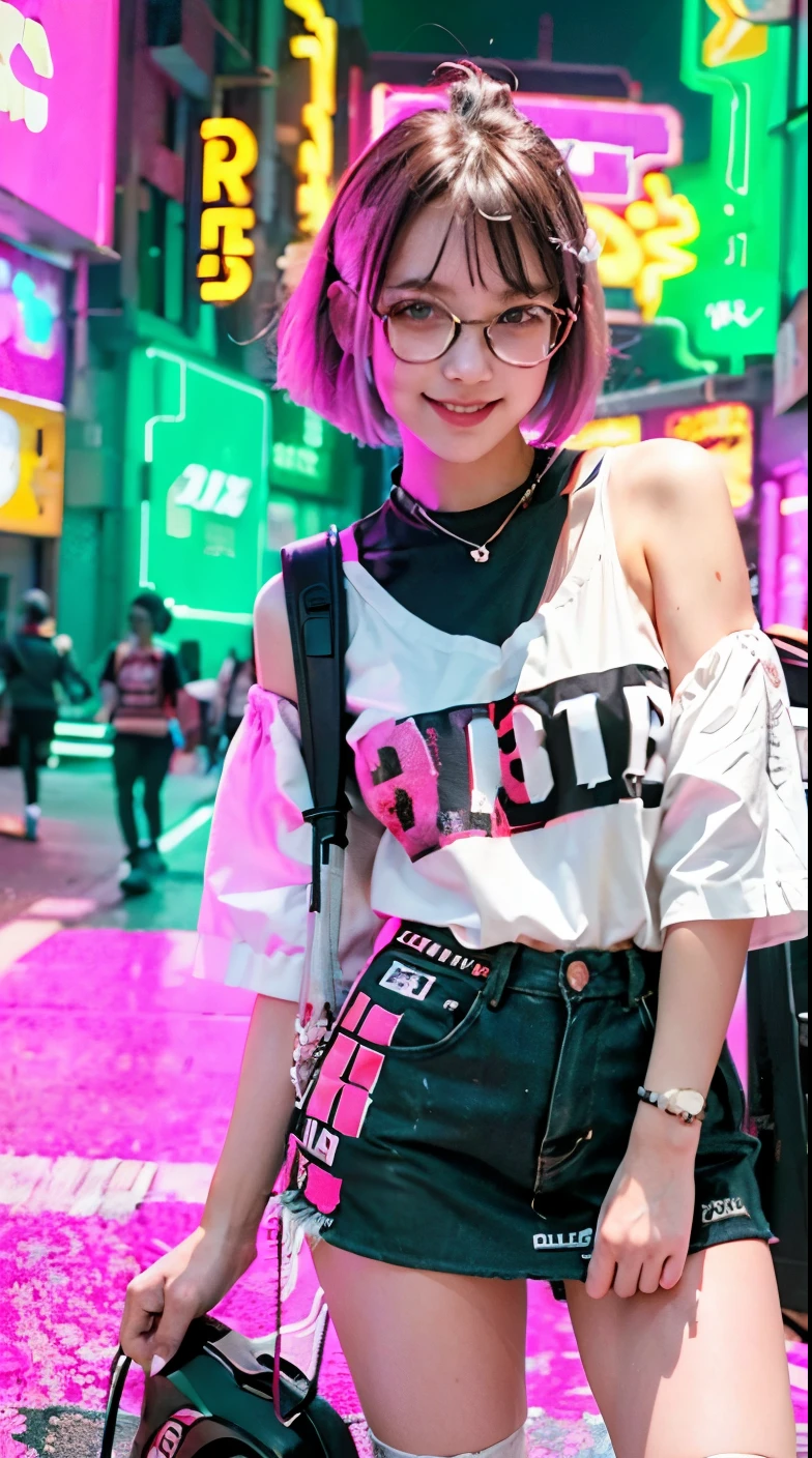 A colorful Bob cut haired punk canadian girl, smooth white skin, innocent look, 15 years old, wearing red glasses, Ultra high res, uhd, (photorealistic:1.4), cyberpunk outfit, ripped shirt, wink, smiling ear to ear, neon lighting, v-neck blouse, wearing skirt, cute pink backpack, colorful loose socks, full body shot, head to toe, fish eye lens, vogue pose, modelling,